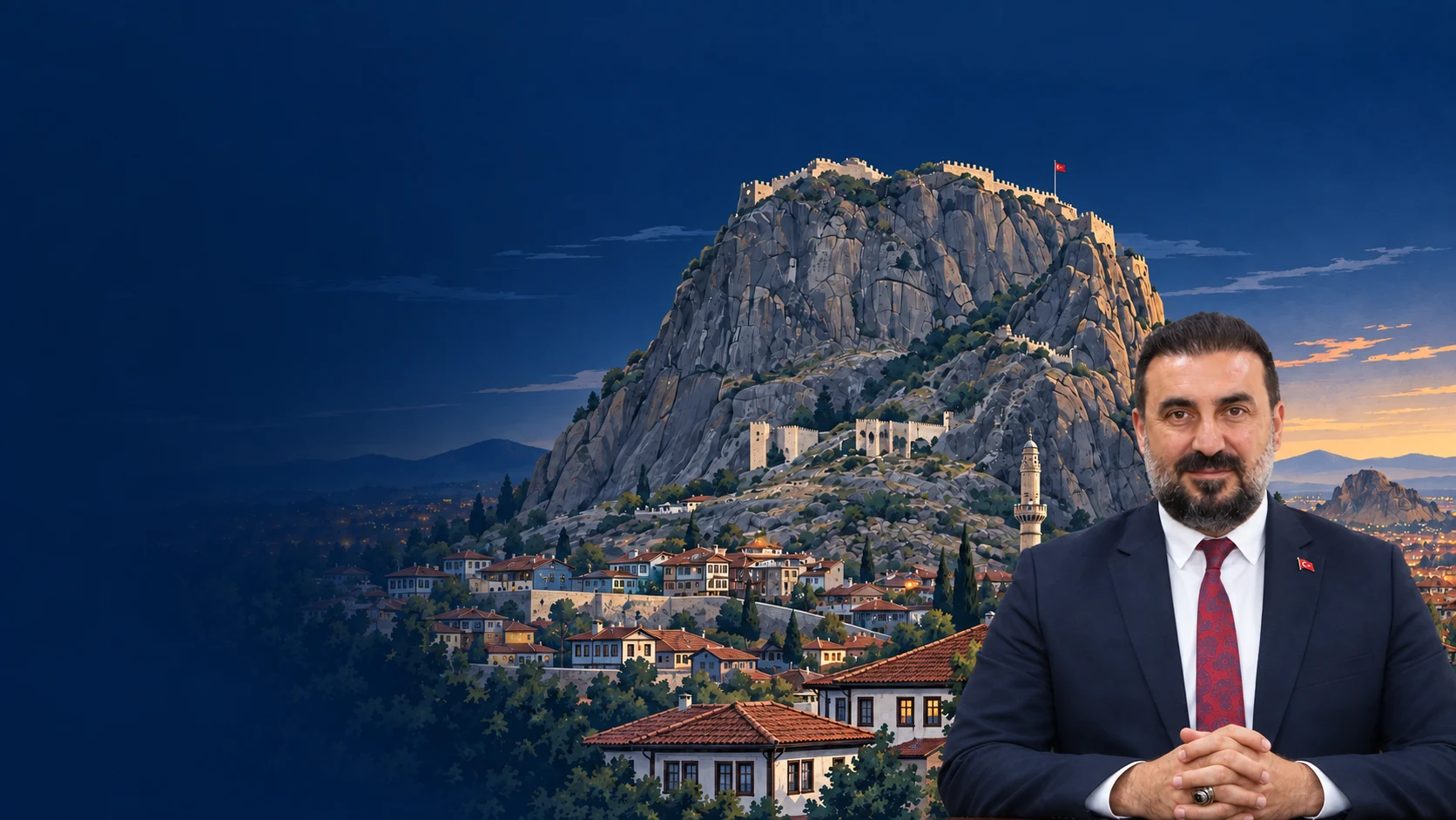 Afyonkarahisar Kalesi ve tarihî evlerin illüstrasyonu önünde İl Başkanı Dr. Özgür Kavak
